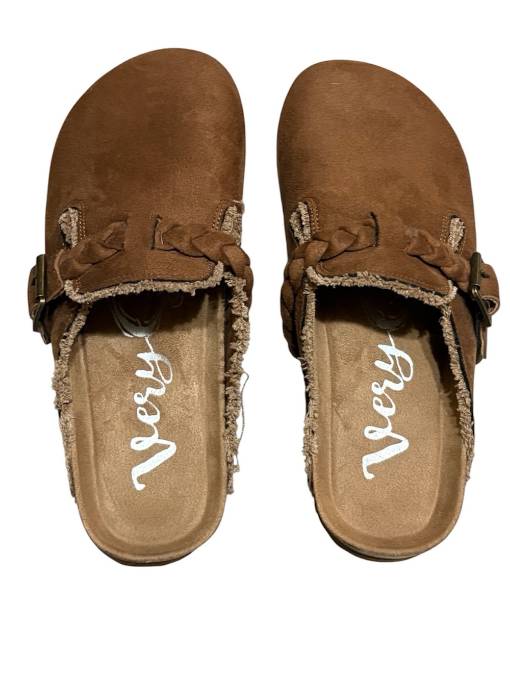 Very G Brown Suede Braided Buckle Slide Clogs - Picture 2 of 9